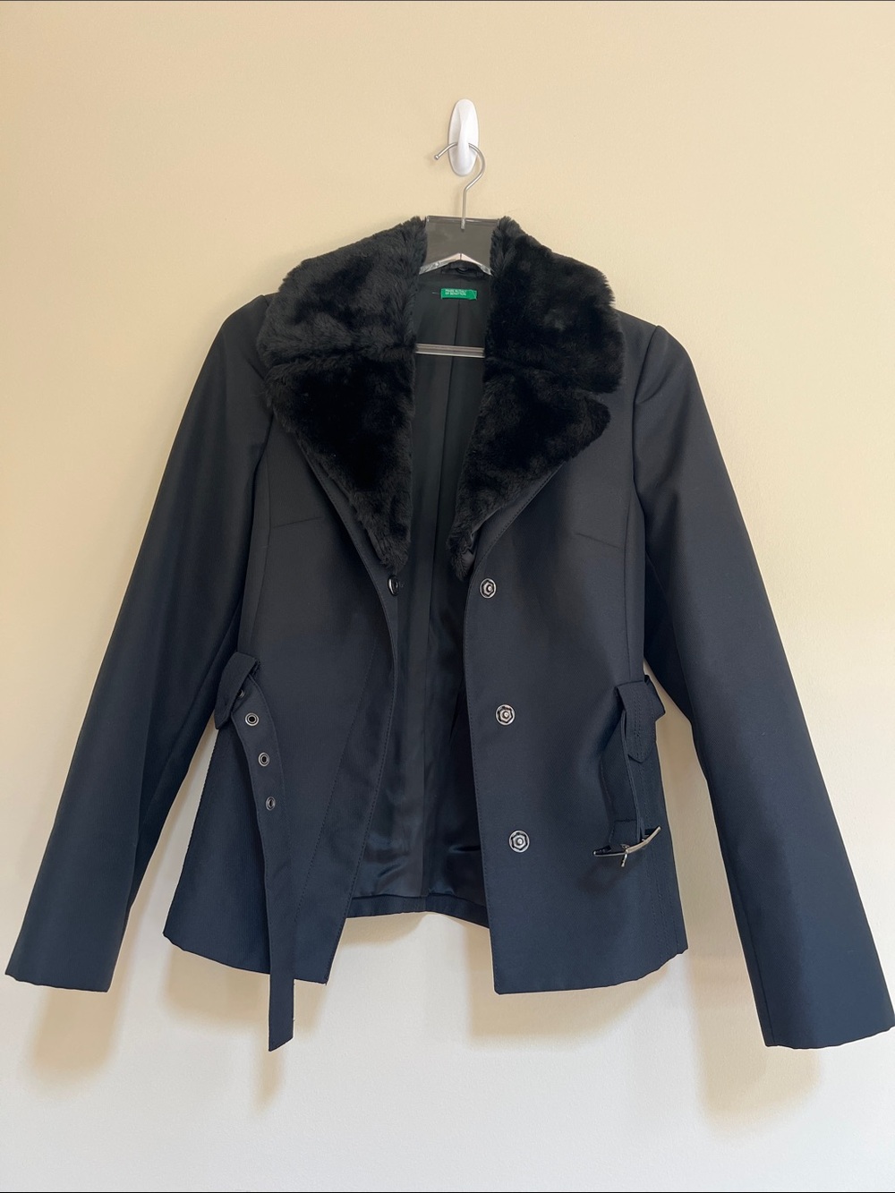 United Colors of Benetton Black Women's Belted Blazer with removable fur 0 - Picture 2 of 8
